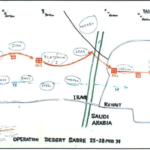 An informal sketch map of 1st UK Armoured Division movements and those of the forward surgical teams during Operation Desert Storm, between 24th and 28th February 1991. The direction of attack was from left to right after breakout through the minefields on the Iraqi border. The blue circles with metallic codenames indicate major Iraqi Army concentrations. The hand-drawn sketch, kindly provided by Lt Col Stuart Scott, shows the routes of the Field Surgical Teams accompanying VII and IV Brigades.